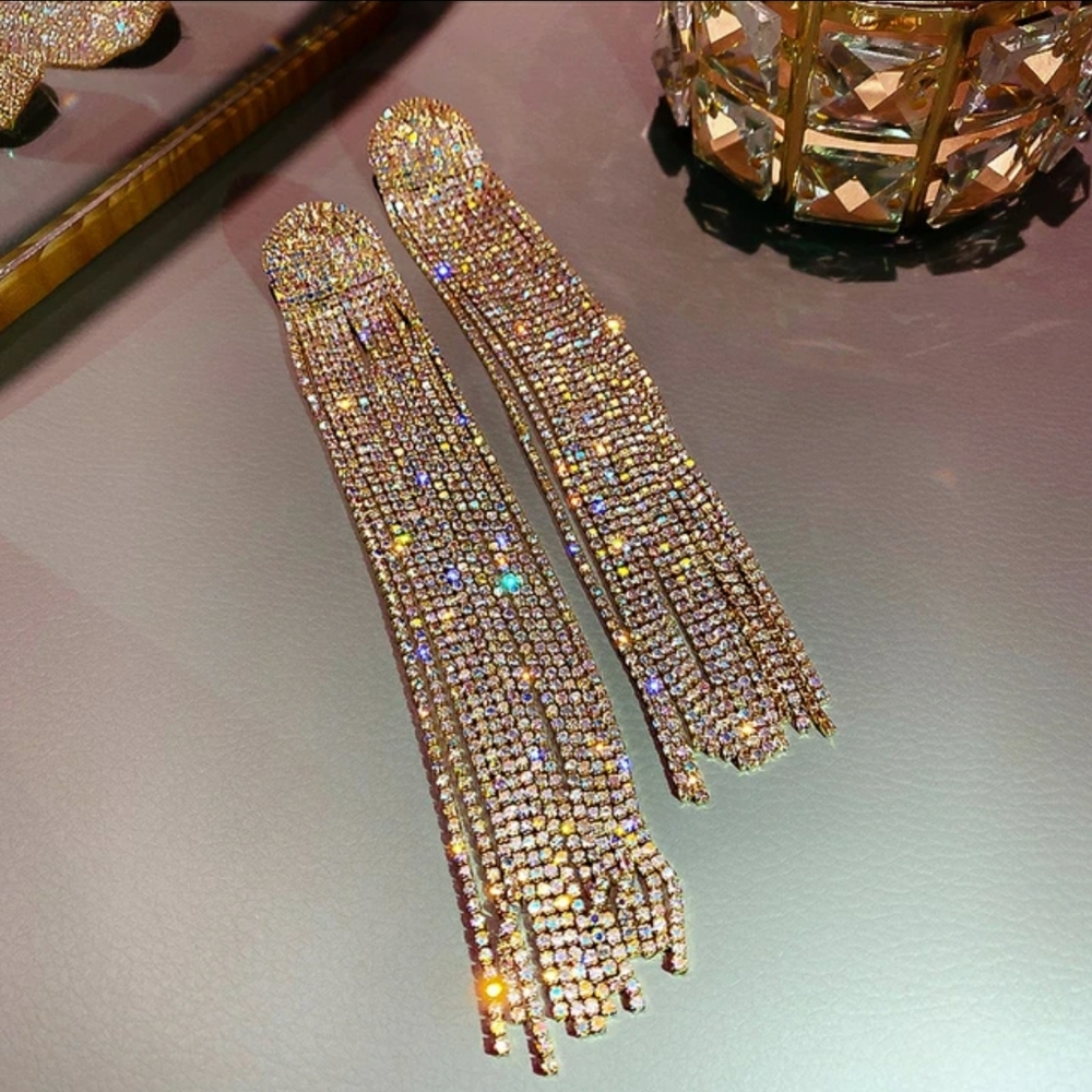 Rhinestone Drop Earrings •Gold Color•